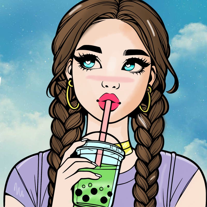 realistic girl with braided hair drinking boba