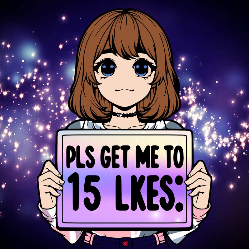realistic girl holding up a sign that says “pls get me to 15 likes!”