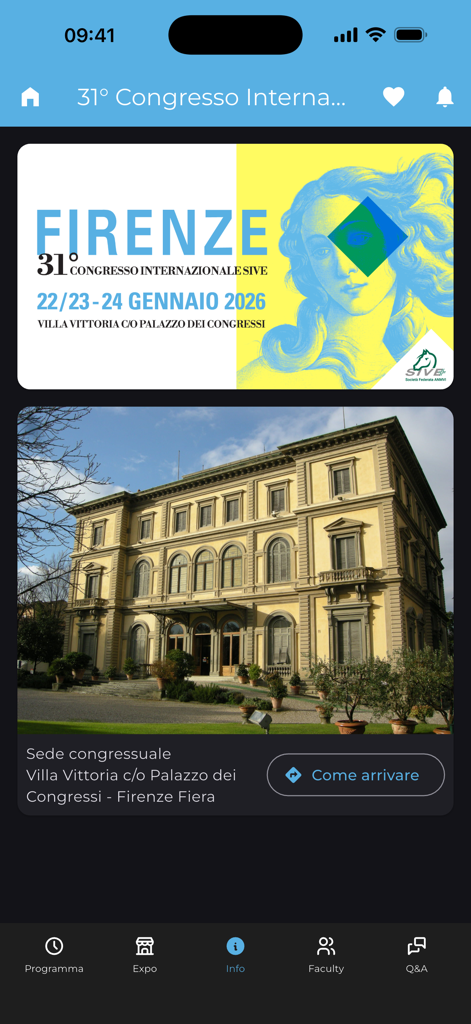 La aplicación Vet Home que muestra detalles del 31º Congreso Internacional SIVE en Florencia, incluida la ubicación e información del evento.