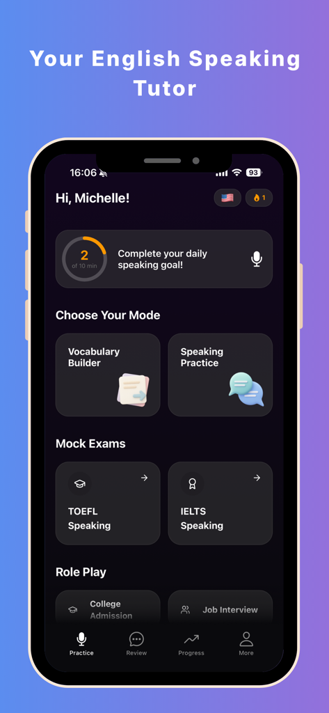 Nuva - English Tutor - Panel de la aplicación Nuva English Tutor que muestra modos de práctica de expresión oral y exámenes simulados de TOEFL y IELTS.