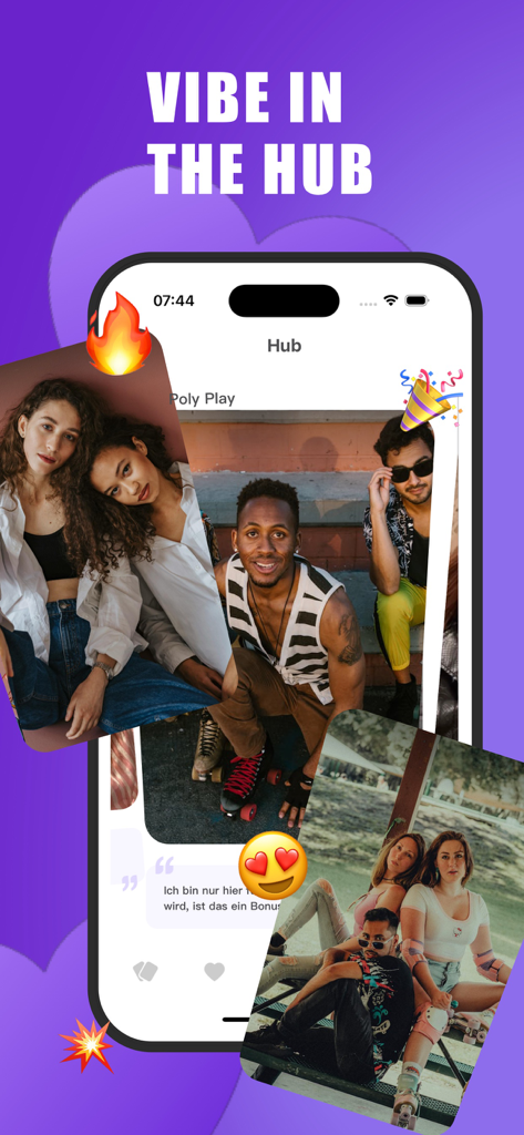 Casual Swinger Dating App-BRIO - Interfaz de la aplicación de citas swinger BRIO que muestra la función de comunidad Hub con diversos grupos y parejas