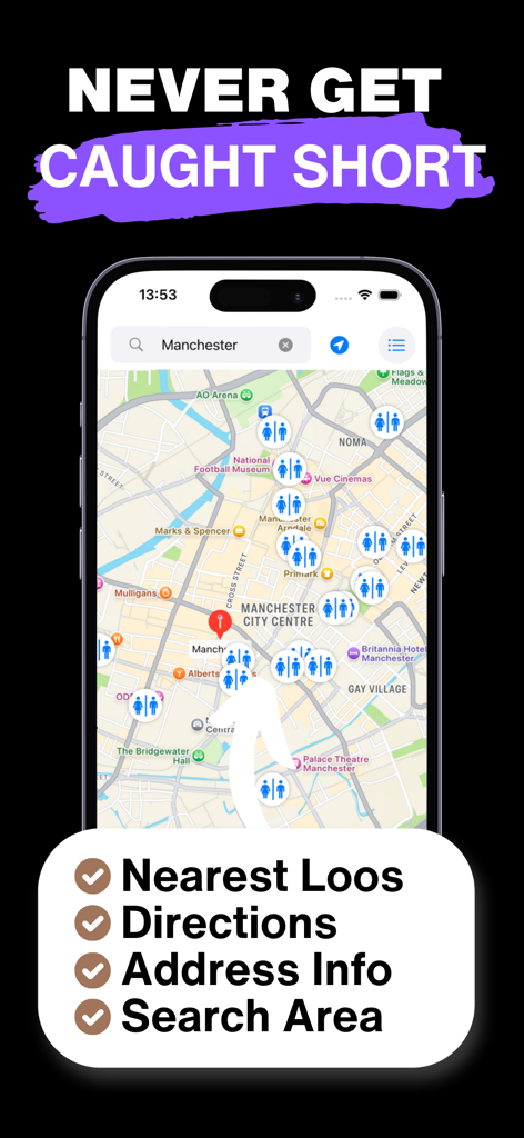 Toilet Finder Global app map displaying public restroom locations in a city center
