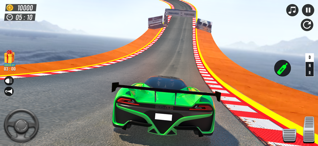 Car Stunt simulator Master 3D - Green sports car driving on a high mega ramp track over the ocean in a 3D car stunt simulator game