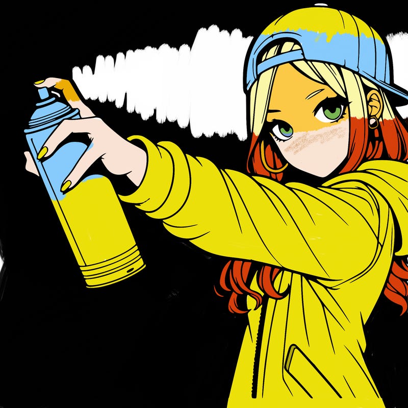 realistic girl holding a spray paint can that’s pointing towards her