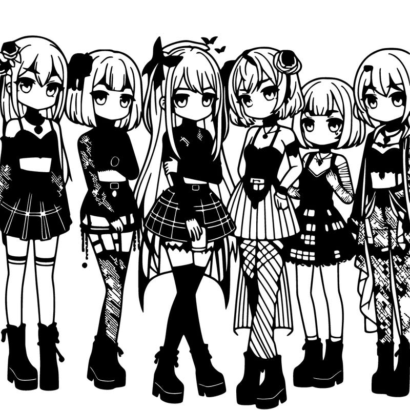 a group of anime girls wearing goth outfits
