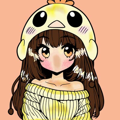 anime girl with chick shaped hat with sweater with bare shoulders with bangs covering them one eye with low tail