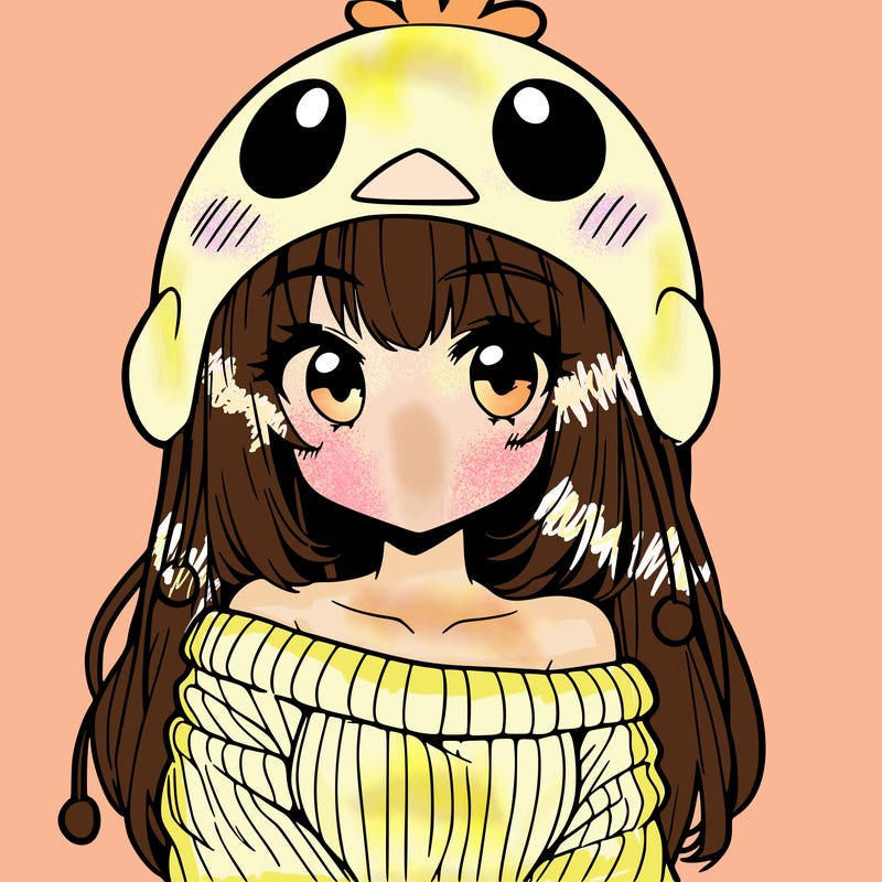 anime girl with chick shaped hat with sweater with bare shoulders with bangs covering them one eye with low tail
