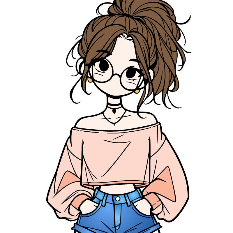 girl with a messy ponytail glasses a baggy crop top and jean shorts