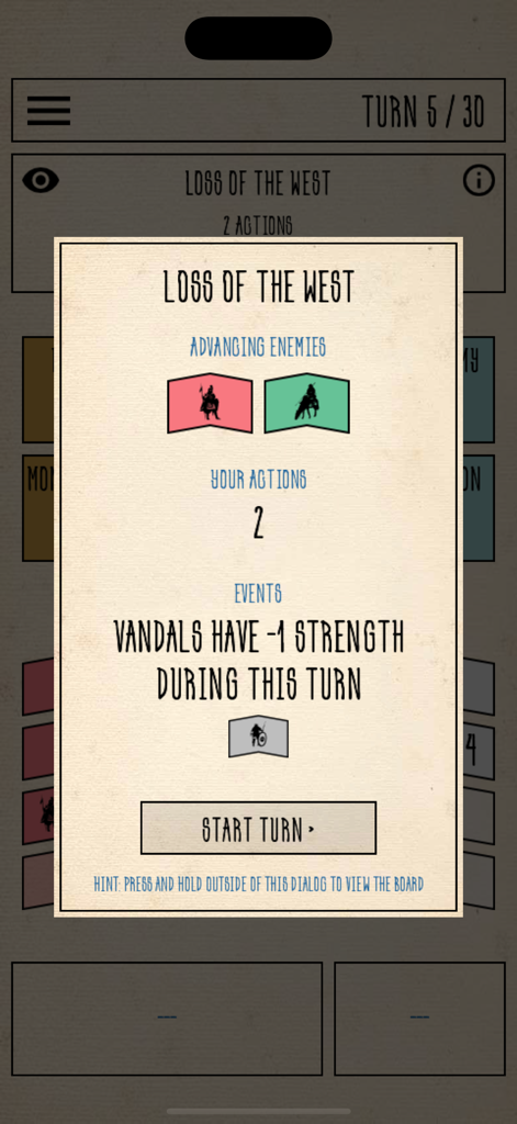 In-game turn event popup for the Constantinople historical wargame showing advancing enemies and available actions.