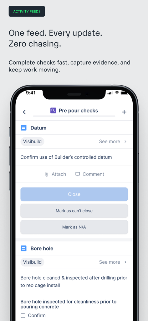 Visibuild - Visibuild mobile app interface showing a pre pour construction site inspection checklist