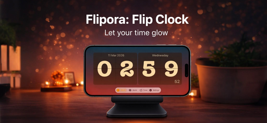 A digital flip clock app named Flipora displayed on an iPhone sitting on a desk stand with a warm glowing background