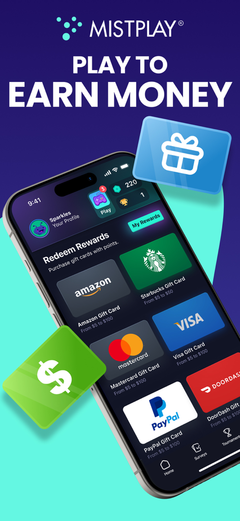Smartphone displaying the Mistplay app's redeem rewards screen with gift cards for Amazon, Starbucks, Visa, and PayPal.