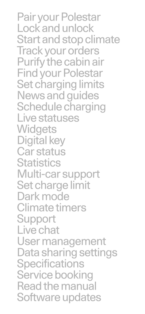 Polestar - A minimalist text list of Polestar app features including digital key and climate control