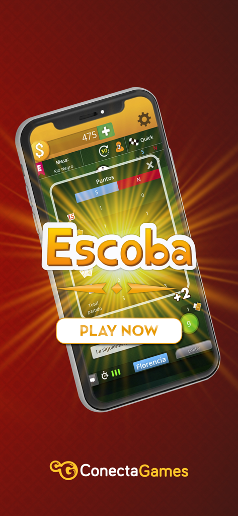 Escoba de 15 by ConectaGames - Pantalla de teléfono móvil mostrando la interfaz del juego de cartas Escoba con un gran botón Jugar Ahora