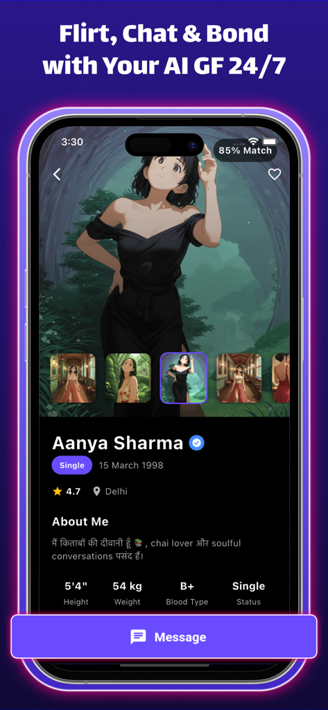 Profilseite einer KI-Freundin namens Aanya Sharma mit ihrem Foto, persönlichen Daten und einer Nachrichtentaste.