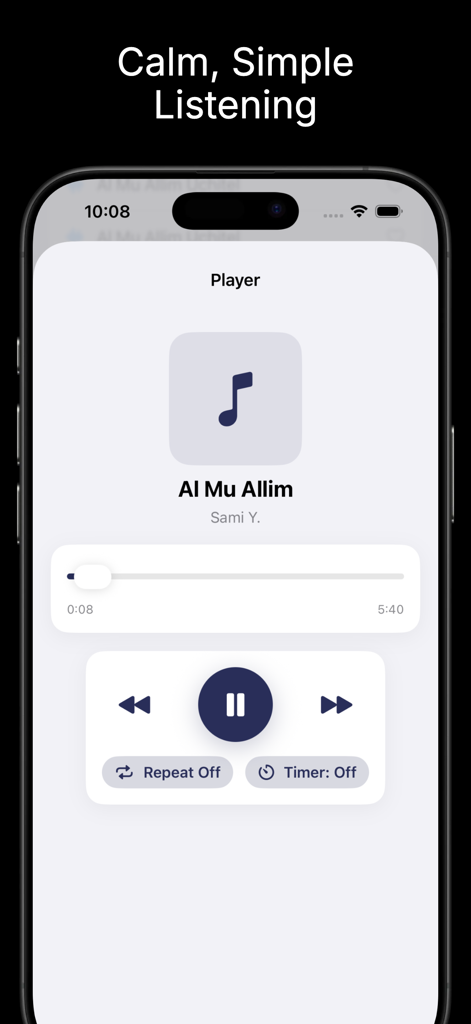 Minimalist audio player screen of the NoorSounds app showing playback controls for Islamic Anashid