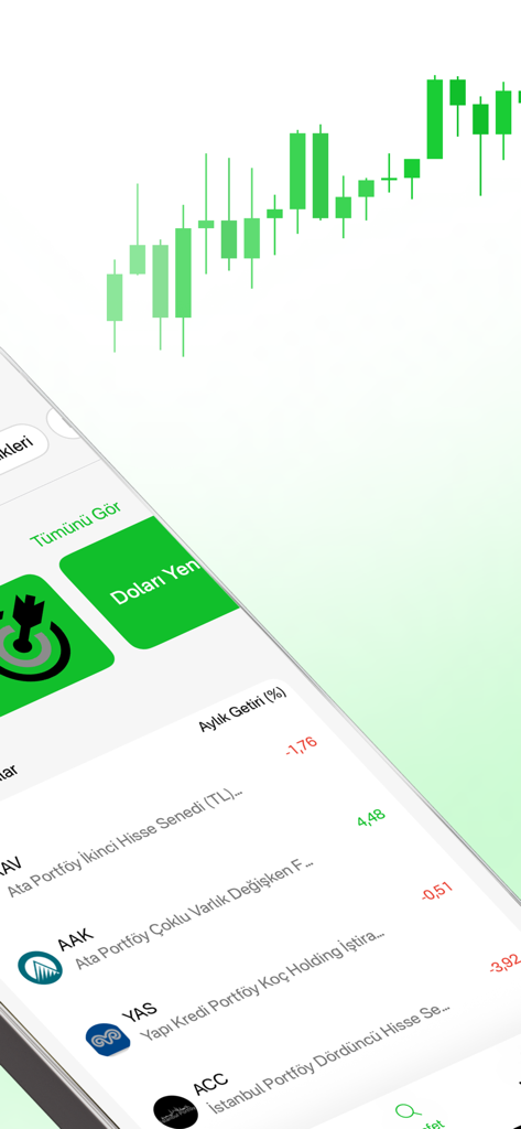 İyi Gelir - Iyi Gelir app interface showing investment fund returns and a green financial growth chart
