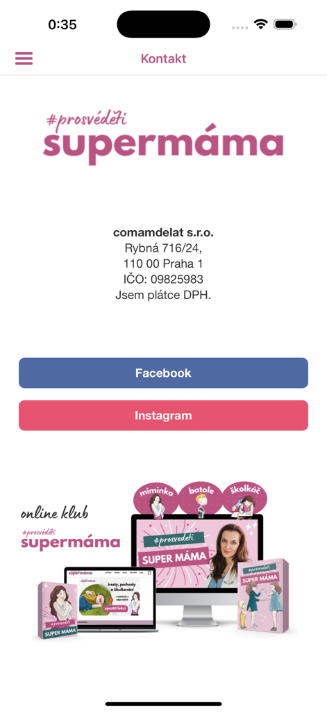 Supermáma - Contact screen of the Supermama app featuring social media buttons and company address information.