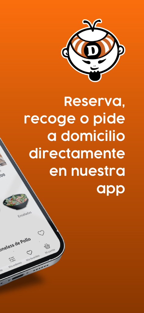 Interfaz de la aplicación móvil Dong Sushi con opciones de entrega y recogida en español