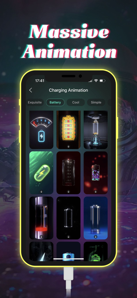 Interface of the Charging Show app displaying a diverse selection of battery charging animation themes on a smartphone screen.