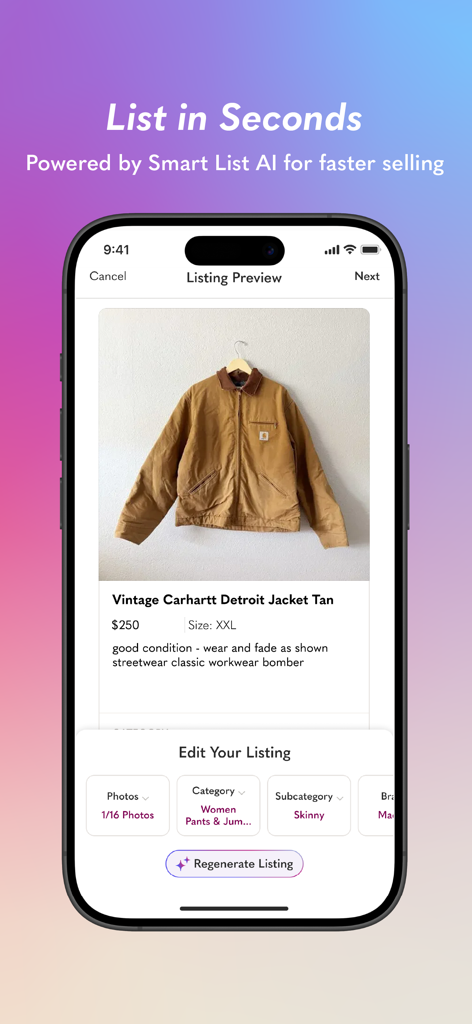 Poshmark: Buy & Sell Fashion - 携帯電話でビンテージCarharttジャケットの出品を生成しているPoshmark Smart List AIのスクリーンショット
