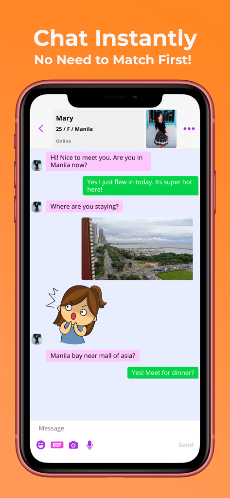 PinaLove app chat interface showing instant messaging with a Filipina woman in Manila