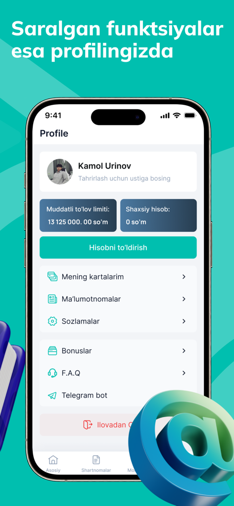 User profile dashboard of the Asaxiy Nasiya app showing credit limit and account settings in Uzbek