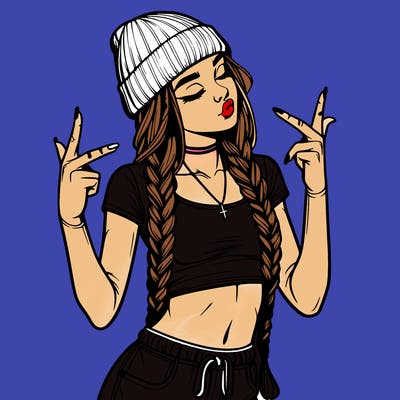 realistic teenage girl with braids and a beanie and crop top doing 🫶🏼