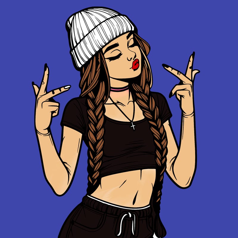 realistic teenage girl with braids and a beanie and crop top doing 🫶🏼