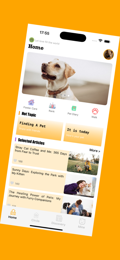 Écran d'accueil de l'application Zutto montrant des sujets d'actualité sur les soins aux animaux et des articles de communauté sur les chats et les chiens