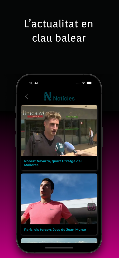 Pantalla de smartphone que muestra la sección de noticias de IB3 con titulares sobre deportes locales de las Baleares