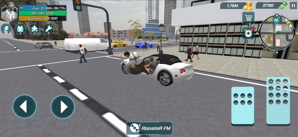 Monster Battle Series - Una captura de pantalla de juego móvil en 3D de Monster Battle Series que muestra a un personaje saltando a un coche en una calle de la ciudad con interfaz de juego.