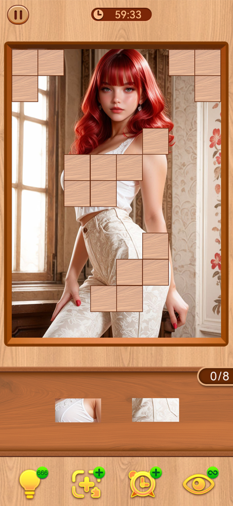 Captura de pantalla del juego de Block Jigsaw Girl mostrando un rompecabezas de una mujer pelirroja con elementos de interfaz con textura de madera