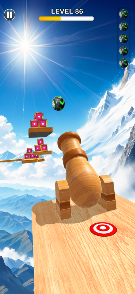 A black and green ball launched from a wooden cannon in a sky platformer game