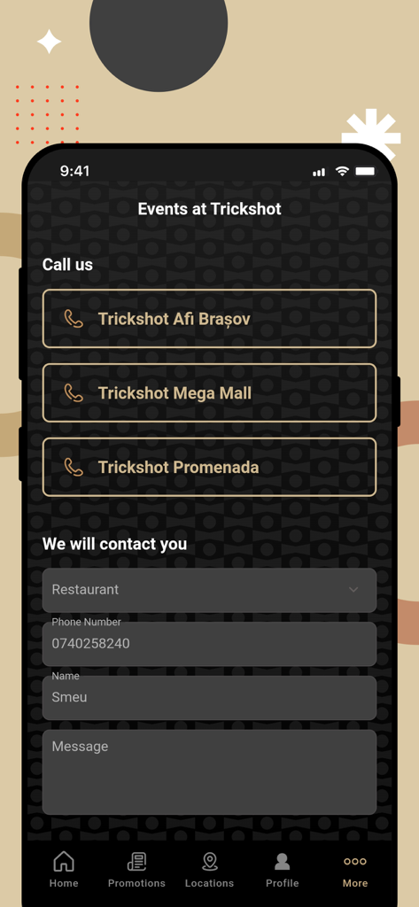 TRICKSHOT Restaurants app contact page showing phone links for locations and a callback request form