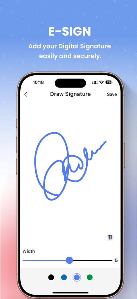 PDF Converter: Photo to PDFs - iPhone screen showing the E-SIGN feature to draw a digital signature on a document.