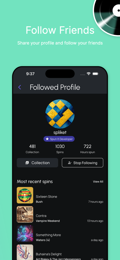 Spun It – Track & Share Spins - Spun It app screen showing a user profile with vinyl collection stats and a list of recently spun records.