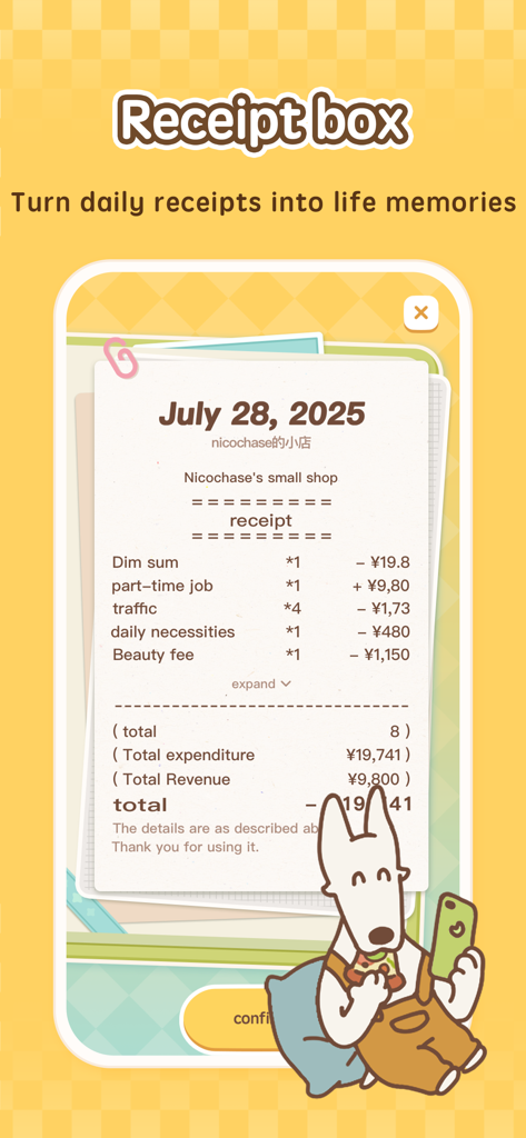 MoneyUP - Money Tracker App - MoneyUP app receipt box showing daily expenses with a cute mascot