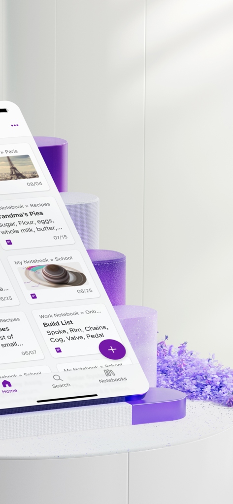 スマートフォン画面に、レシピや学校のプロジェクトのような整理されたデジタルノートのフィードが表示されたMicrosoft OneNoteアプリのインターフェースが表示されています。