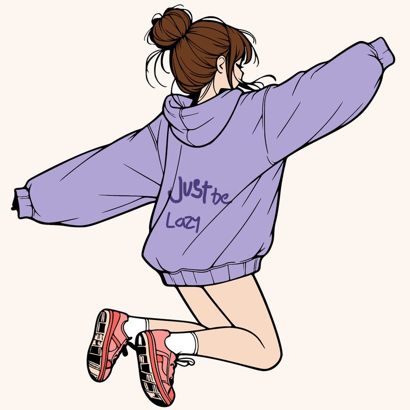 realistic girl jumping with a bun and oversized sweatshirt