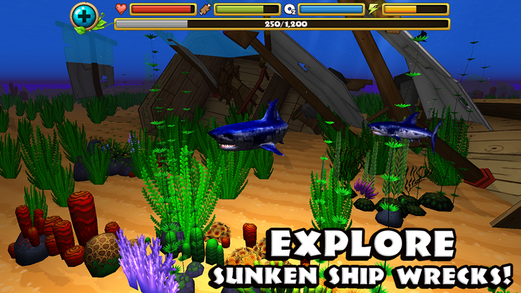 A shark swimming near a sunken shipwreck on the ocean floor in the Wildlife Simulator Shark game.