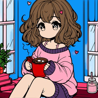 cute anime girl reading book and drinking hot chocolate from mug with loose wavy hair wearing a baggy sweatshirt and shorts sitting by windowsill looking out
