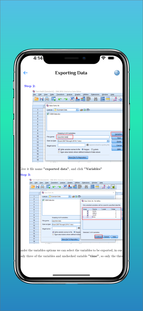 Ein Schritt-für-Schritt-Tutorial zum Exportieren von Daten innerhalb der SPSS Software Guide App