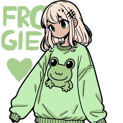 girl wearing frogging sweatshirt