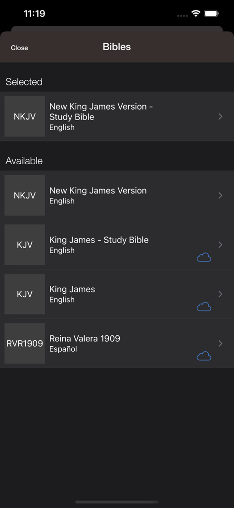 A list of selected and available Bible versions including NKJV and KJV in the Word of Promise app.