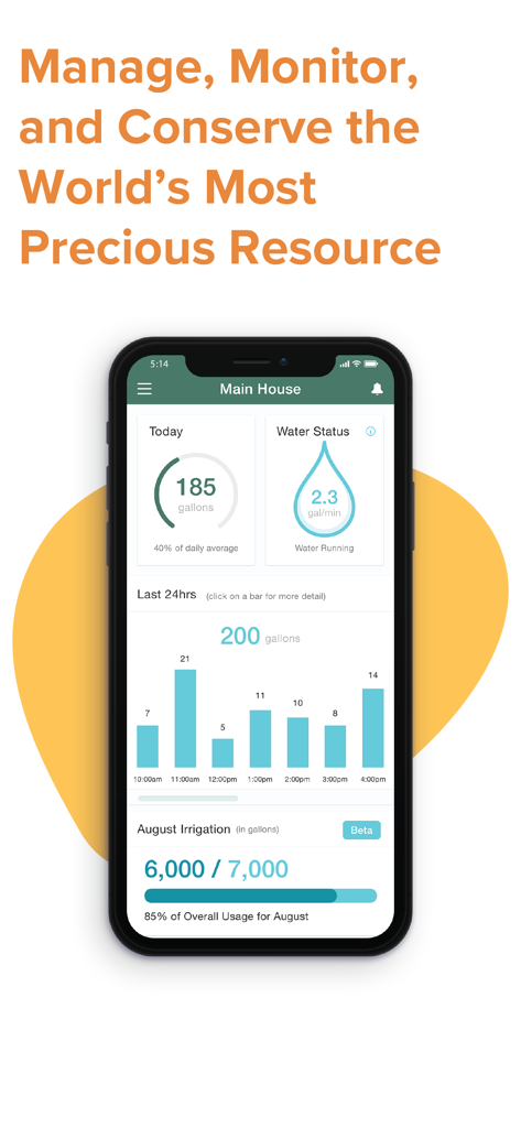 Flume Water - Smartphone screen displaying the Flume Water app dashboard with real time water usage statistics and irrigation budget tracking