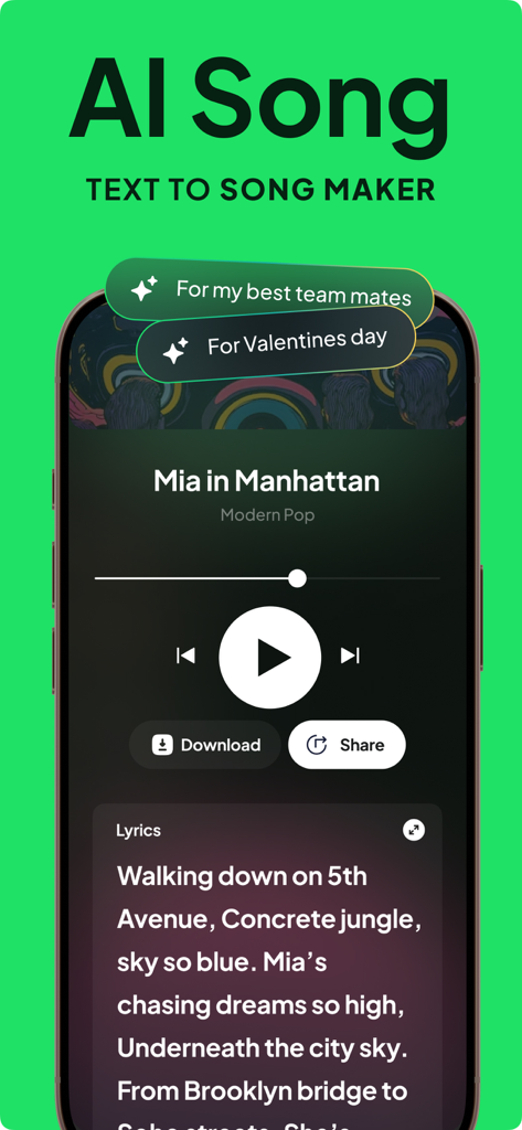 Songi - AI Music & Cover Maker - Interfaz de la aplicación Songi que muestra la creación de canciones con IA a partir de texto con letras y controles de reproducción
