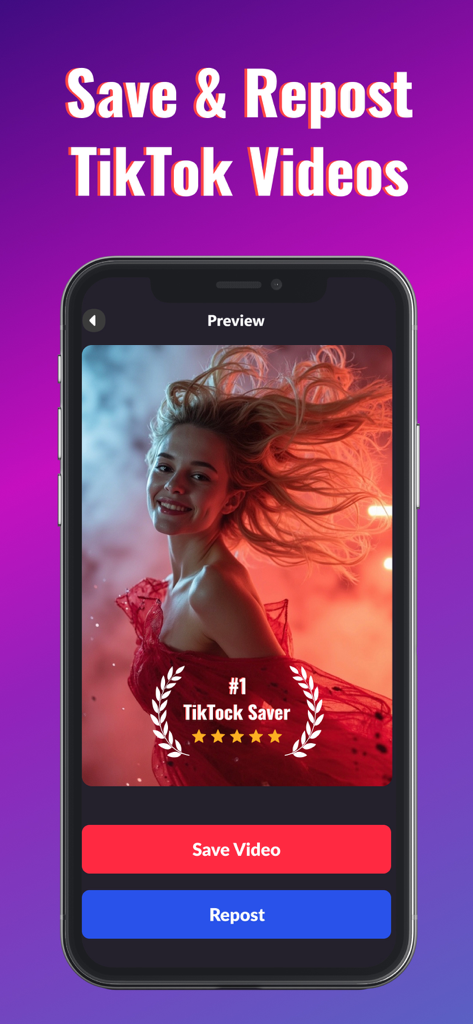 TikPro : Save Tik Videos - Mobile app interface of TikPro showing how to save and repost TikTok videos with a preview screen and action buttons
