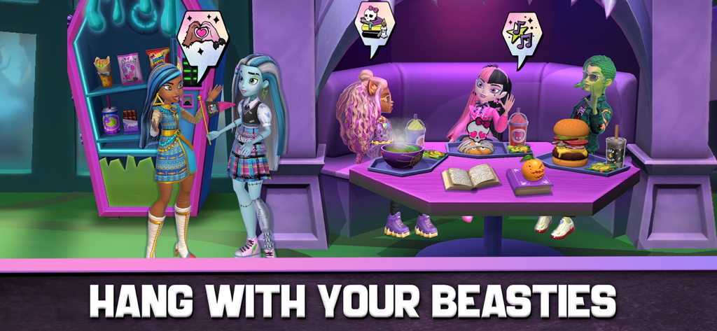 Monster High Fangtastic Life - クリープテリアのカフェテリアで、モンスター・ハイのキャラクターたちが集まって食事をしている