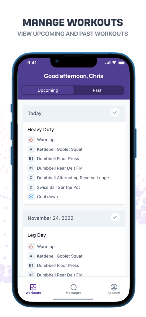 TrueCoach mobile app interface displaying a daily workout schedule and list of exercises for client training